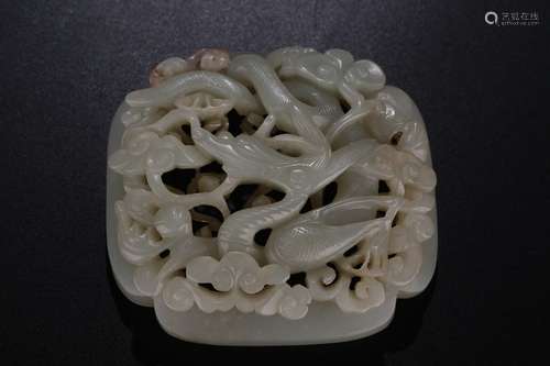 HETIAN WHITE JADE OPENWORK CARVED 'BIRDS AND LINGZHI' ORNAMENT