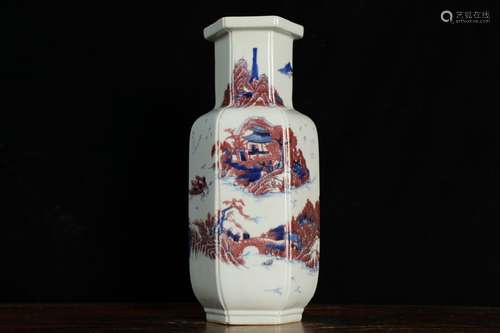 QING DYNASTY QIANLONG PERIOD-IRON RED LANDSCAPE HEXAGONAL VASE