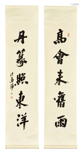 SHA MENGHAI: PAIR OF INK ON PAPER COUPLET CALLIGRAPHY SCROLLS