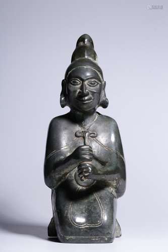 ARCHAIC BRONZE CAST AND SILVER INLAID 'PRAYER' FIGURE