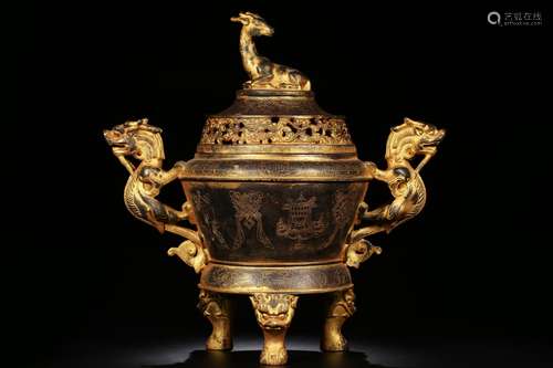 GILT BRONZE CAST 'DRAGONS' TRIPOD CENSER WITH LID