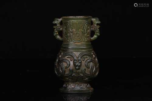 GREEN GLASS 'DRAGONS' ARCHAIC STYLE VASE WITH HANDLES
