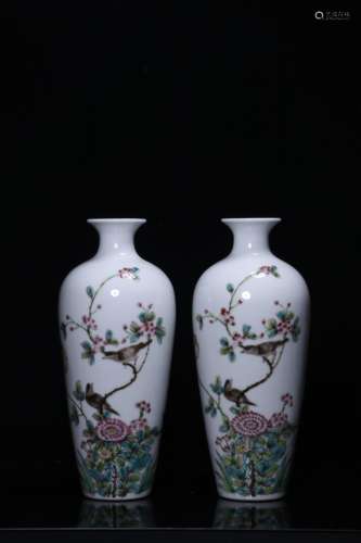 PAIR OF FAMILLE ROSE 'FLOWERS AND BIRDS' BOTTLE VASES