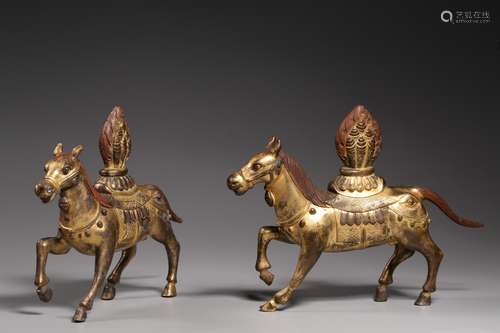 PAIR OF GILT BRONZE CAST AND CARVED 'HORSE' FIGURES