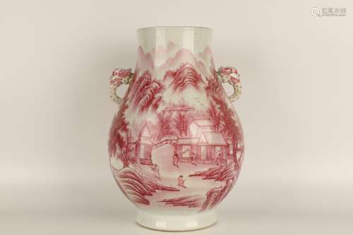 QING DYNASTY QIANLONG PERIOD-RED LANDSCAPE VASE WITH HANDLES