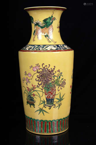 FAMILLE ROSE AND YELLOW GROUND 'MYTHICAL BEAST' VASE