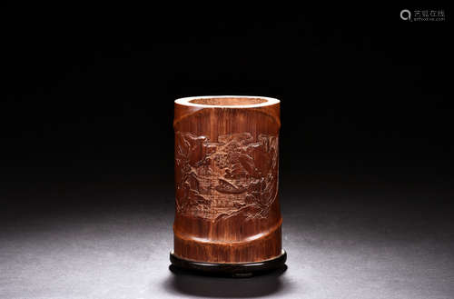 BAMBOO CARVED 'LANDSCAPE' BRUSH POT