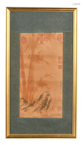 SHENG MAO: FRAMED INK AND COLOR ON PAPER PAINTING 'BAMBOO'