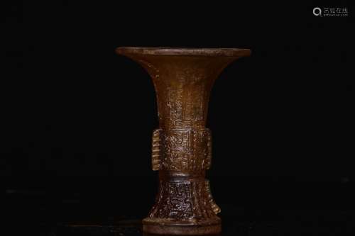 BROWN GLASS CARVED ARCHAIC STYLE PATTERN VASE, GU