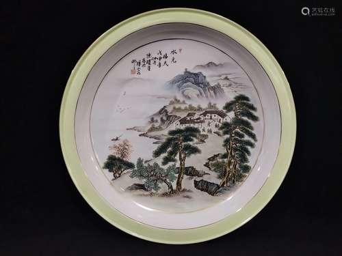 GILT FAMILLE ROSE LANDSCAPE PLATE