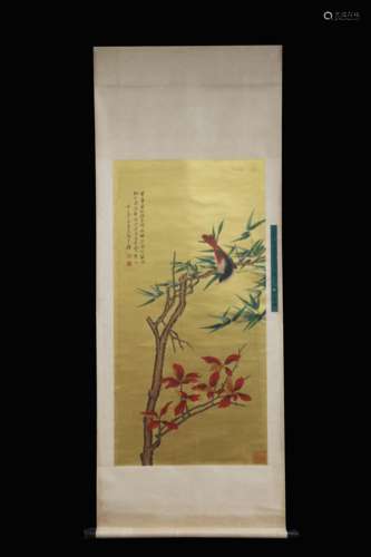 ZHANG DAQIAN: INK AND COLOR ON GOLDEN SILK PAINTING 'FLOWERS AND BIRDS'