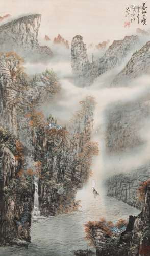 A CHINESE FRAMED PAINTING OF LANDSCAPE