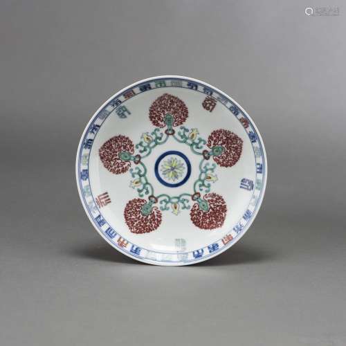 A BLUE AND WHITE AND WUCAI DISH, WITH QIANLONG MARK