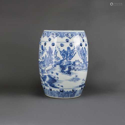 A BLUE AND WHITE DRUM-FORM 'LANDSCAPE' STOOL
