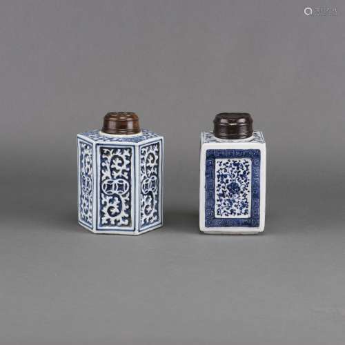 LOT OF 2, BLUE AND WHITE JARS WITH WOODED COVERS