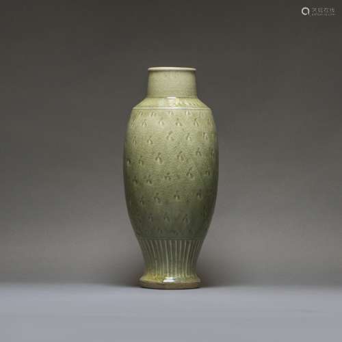 A CARVED LONGQUAN CELADON BALUSTER VASE