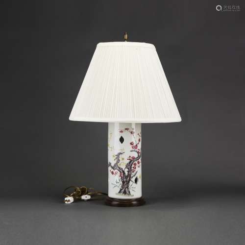 A CHINESE FAMILLE ROSE PLUM BLOSSOM HAT STAND, MOUNTED AS A LAMP