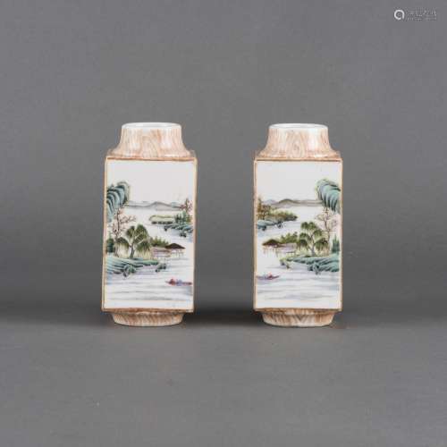 A PAIR OF FAMILLE ROSE SQUARE-SECTION VASES