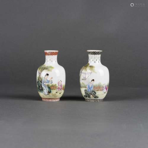 LOT OF 2, FAMILLE ROSE LANTERN VASES, WITH QIANLONG MARK