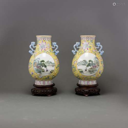 A PAIR OF FAMILLE ROSE YELLOW GROUND 'LANDSCAPE' VASE
