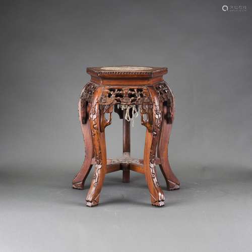 A CHINESE MARBLE INLAID HONGMU STOOL