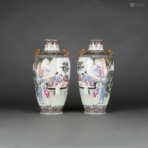 A PAIR OF FAMILLE ROSE 'FIGURAL' VASES, QIANLONG MARK