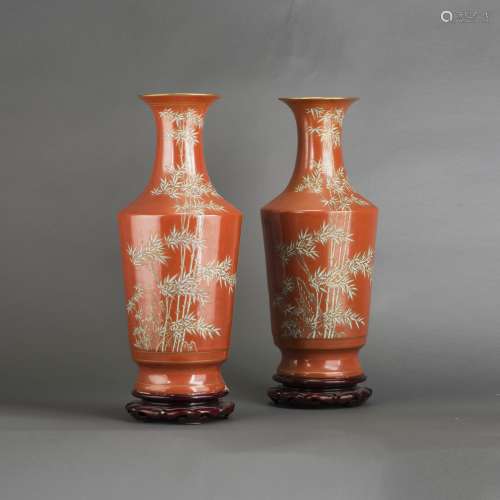 A PAIR OF IRON-RED GROUND BAMBOO VASES WITH BASE