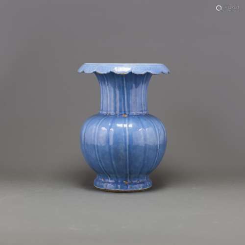 A CHINESE SKY-BLUE LOBED VASE