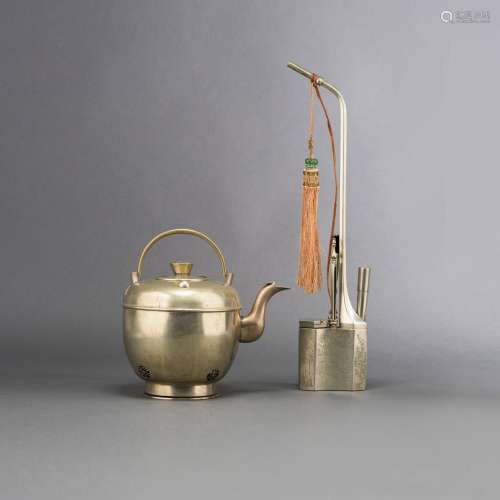 LOT OF TWO, A BRONZE TEAPOT AND AN OPIUM PIPE