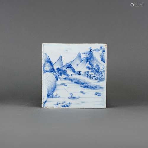 A BLUE AND WHITE 'LANDSCAPE' PORCELAIN PLAQUE