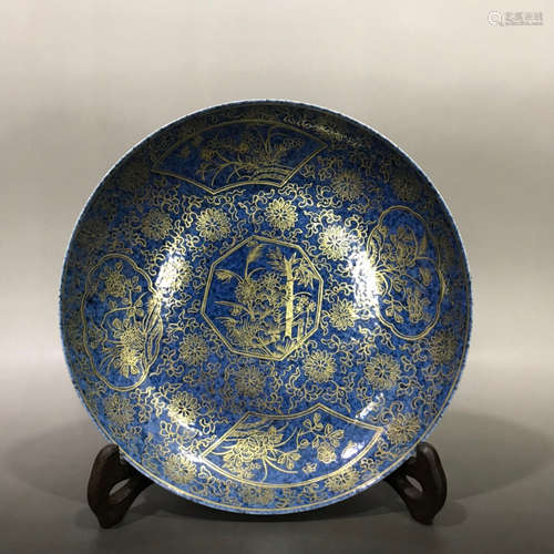 CHINESE GILT BLUE GLAZED PLATE