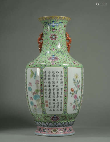 QIANLONG MARK, CHINESE LVSONG GREEN GLAZED FAMILLE ROSE VASE