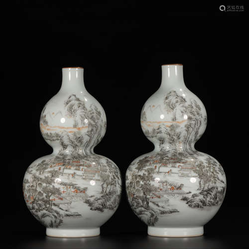 JIAQING MARK, PAIR OF CHINESE GILT INK COLORED GOURD VASE