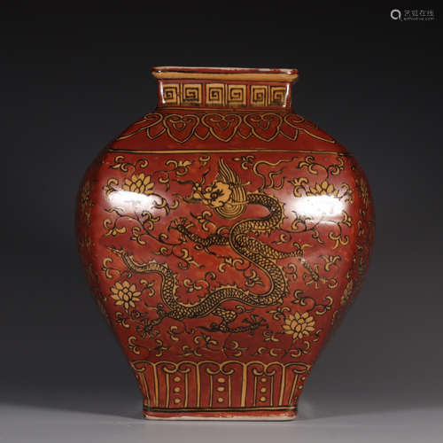 JIAJING MARK, CHINESE RED GROUND YELLOW COLORED SQUARED JAR