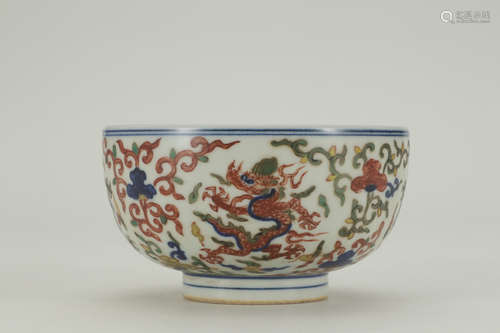 LONGQING MARK, CHINESE WUCAI DRAGON BOWL