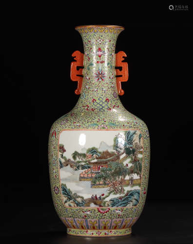 QIANLONG MARK, CHINESE GREEN GROUND FAMILLE ROSE VASE