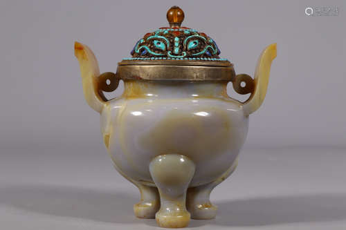 CHINESE AGATE TRIPOD CENSER