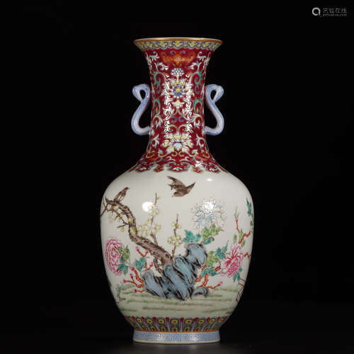 QIANLONG MARK, CHINESE RED GLAZED FAMILLE ROSE VASE