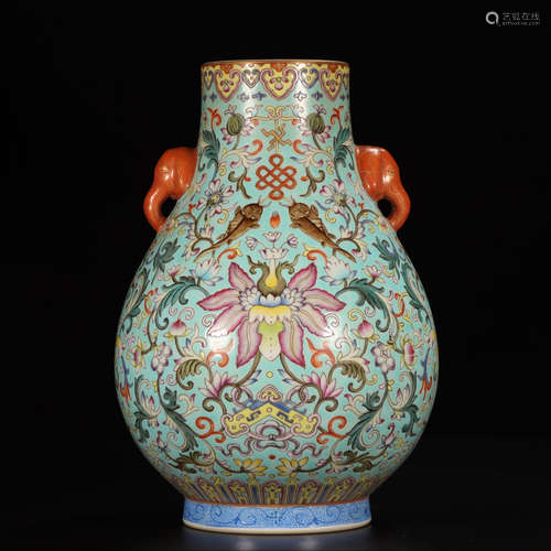 QIANLONG MARK, CHINESE GREEN GROUND FAMILLE ROSE VASE