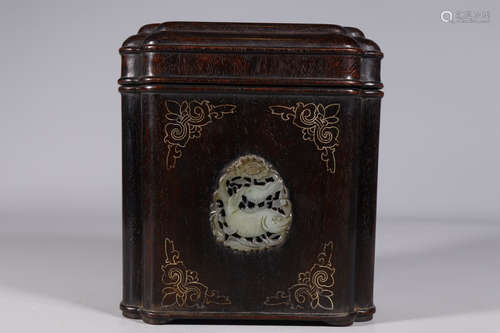 QIANLONG MARK, CHINESE CARVED WOOD DECORATED WITH JADE SQUARED BOX