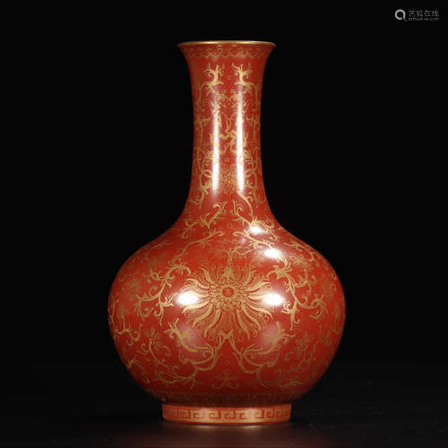 JIAQING MARK, CHINESE GILT IRON-RED GLAZED VASE