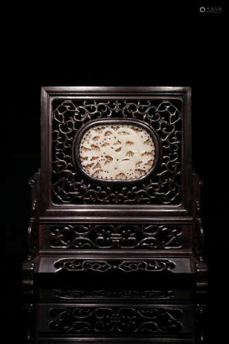 CHINESE ZITAN WOOD DECORATED W/ HETIAN JADE DRAGON ORNAMENT