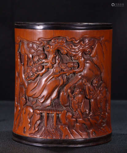 CHINESE CARVED BAMBOO DECORATED WITH ZITAN WOOD BRUSHPOT