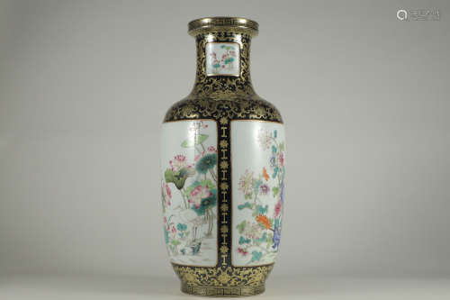 QIANLONG MARK, CHINESE INK COLORED GROUND GILT FAMILLE ROSE VASE