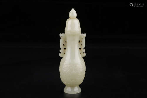 CHINESE CARVED HETIAN JADE VASE W/. COVER
