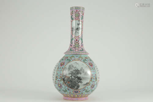 QIANLONG MARK, CHINESE FAMILLE ROSE INK COLORED LONG NECK VASE