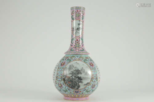 QIANLONG MARK, CHINESE FAMILLE ROSE INK COLORED LONG NECK VASE
