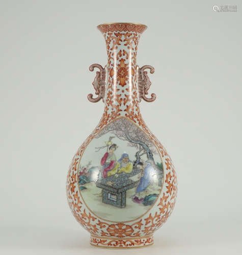 QIANLONG MARK, CHINESE IRON-RED GLAZED FAMILLE ROSE VASE