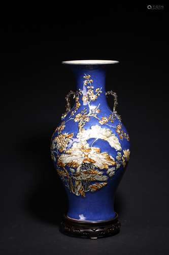 A CHINESE LARGE BLUE GLAZED CARVED 'FLOWERS' VASE