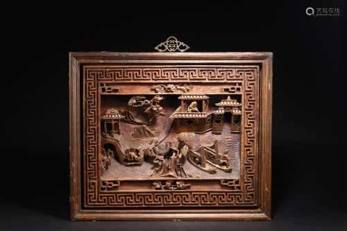 A WOOD CARVED LANDSCAPE HANGING PANEL